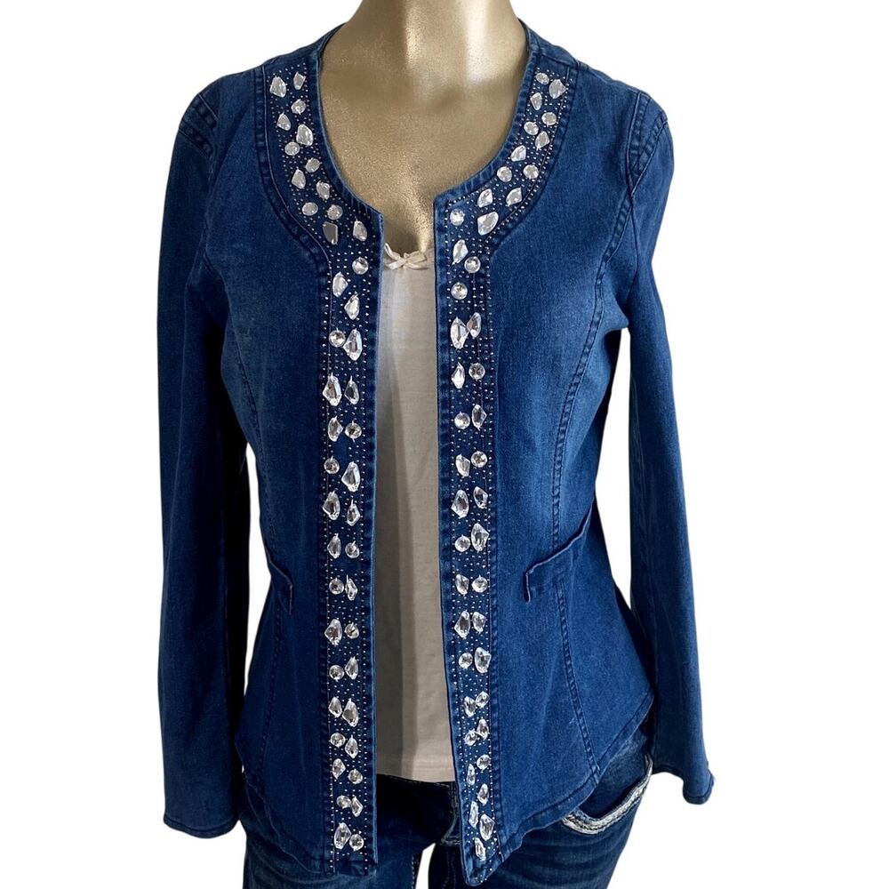MENNECY Rhinestone Studded Denim Jacket Stretch Open Front Zipper Cuffs S/M